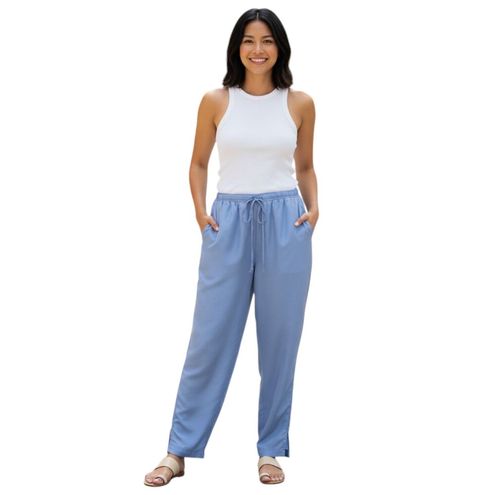 Oleg Cassini Vintage 80s Silk Pants M Blue High Waist Tie Coastal Summer Chic